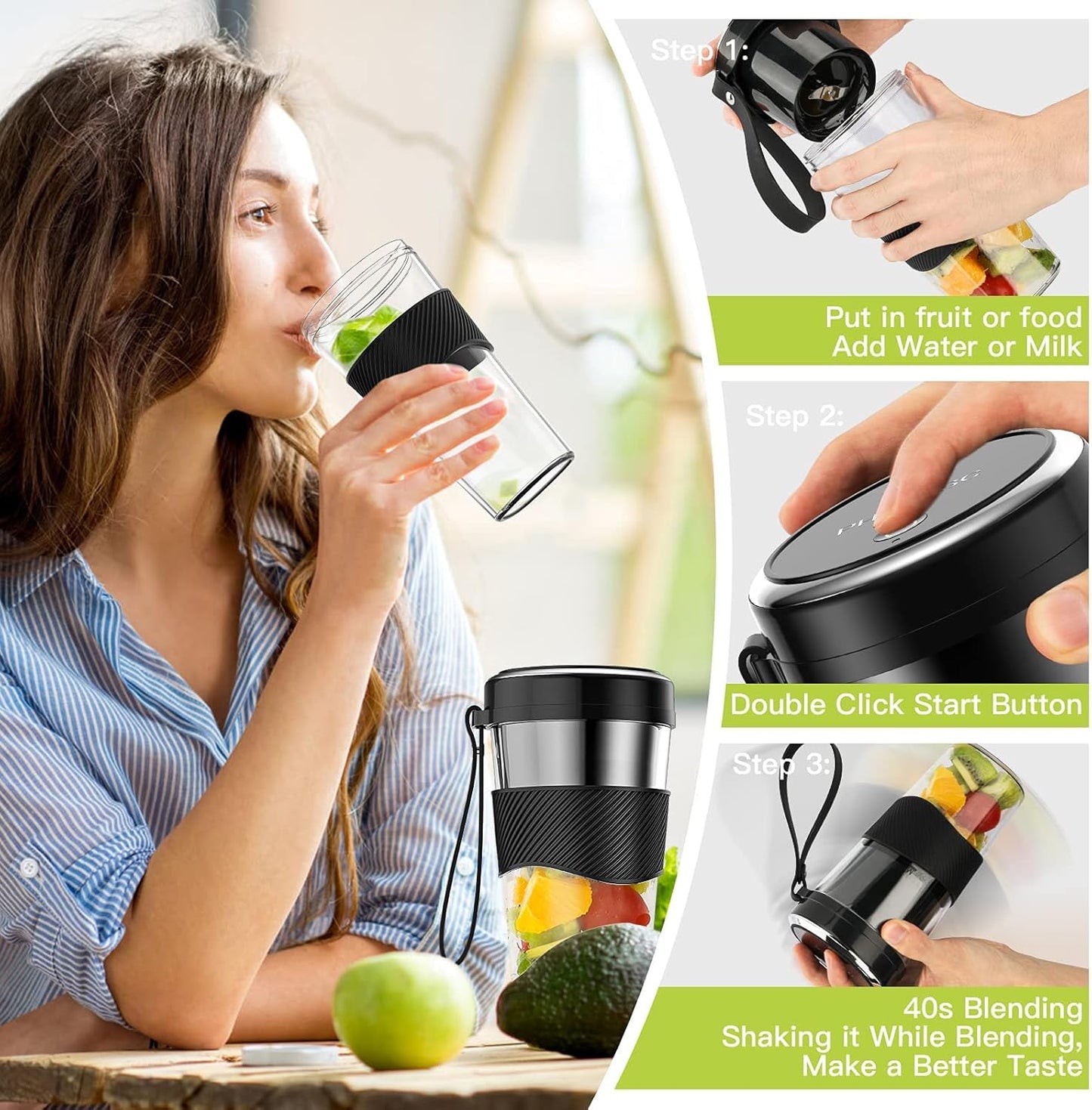 Portable Blender, Personal Size Blender for Smoothies, Juice and Shakes, 12Oz USB Rechargeable Juice Blender Bottles, 60W Strong Power Travel Mini Blender for Sports, Travel, Outdoors