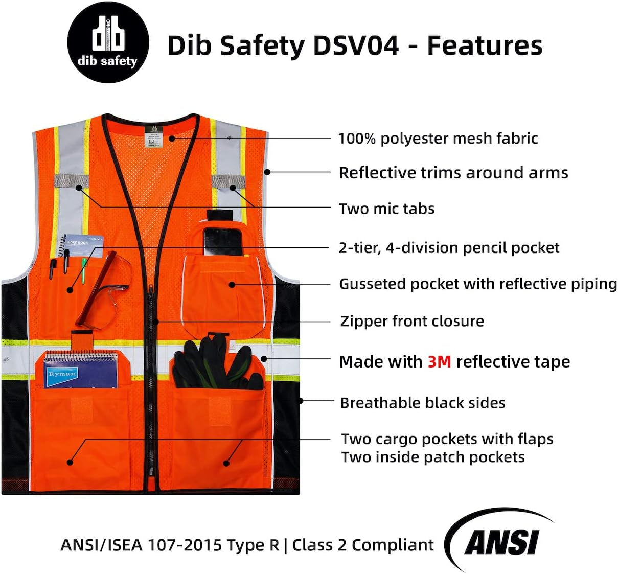 Reflective Vest Orange Mesh, High Visibility Vest with Pockets and Zipper, ANSI Class 2 Heavy Duty, Made with 3M Reflective Tape 2XL