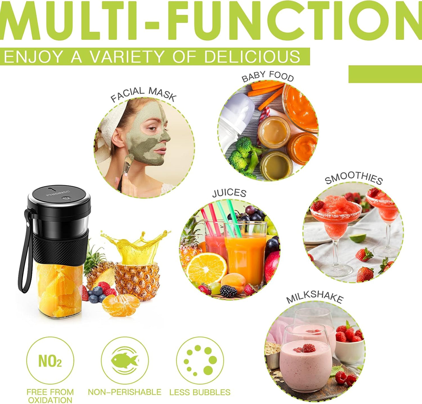 Portable Blender,  Personal Size Blender for Smoothies, Juice and Shakes, 12Oz USB Rechargeable Juice Blender Bottles, 60W Strong Power Travel Mini Blender for Sports, Travel, Outdoors