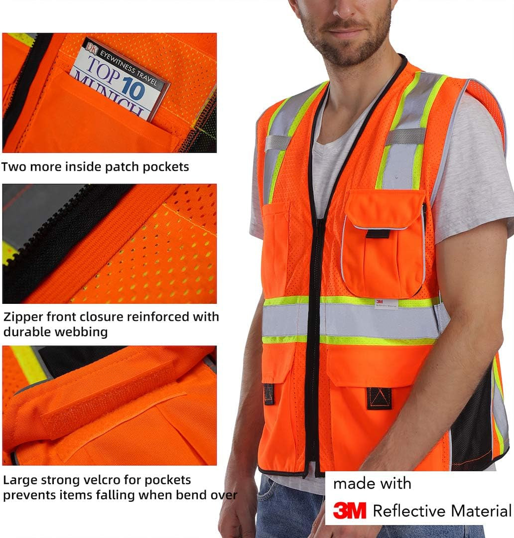 Reflective Vest Orange Mesh, High Visibility Vest with Pockets and Zipper, ANSI Class 2 Heavy Duty, Made with 3M Reflective Tape 2XL