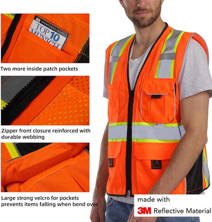 Reflective Vest Orange Mesh, High Visibility Vest with Pockets and Zipper, ANSI Class 2 Heavy Duty, Made with 3M Reflective Tape 2XL