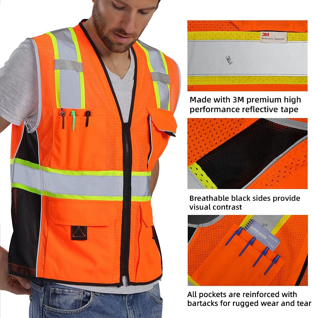 Reflective Vest Orange Mesh, High Visibility Vest with Pockets and Zipper, ANSI Class 2 Heavy Duty, Made with 3M Reflective Tape 2XL