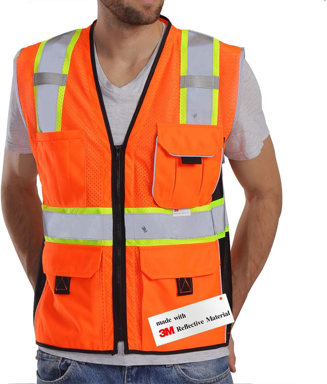 Reflective Vest Orange Mesh, High Visibility Vest with Pockets and Zipper, ANSI Class 2 Heavy Duty, Made with 3M Reflective Tape 2XL